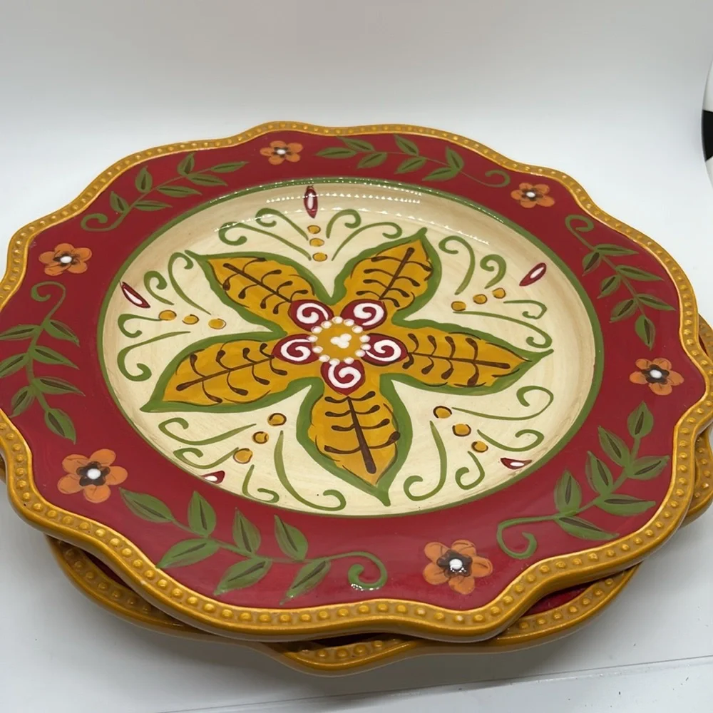 Pier 1 Juliana hand painted floral gold red scalloped edge dinner plates.
